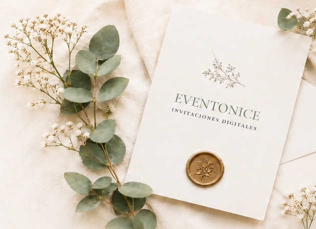 Invitación de Eventonice acompañada de flores y hojas